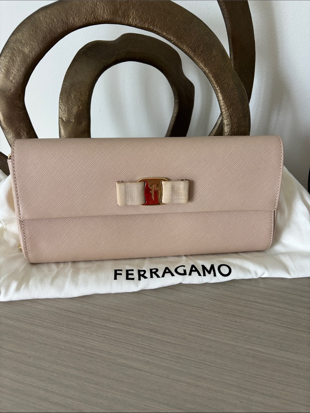 Salvatore Ferragamo Blush beige Leather Vara Bow Clutch Wallet